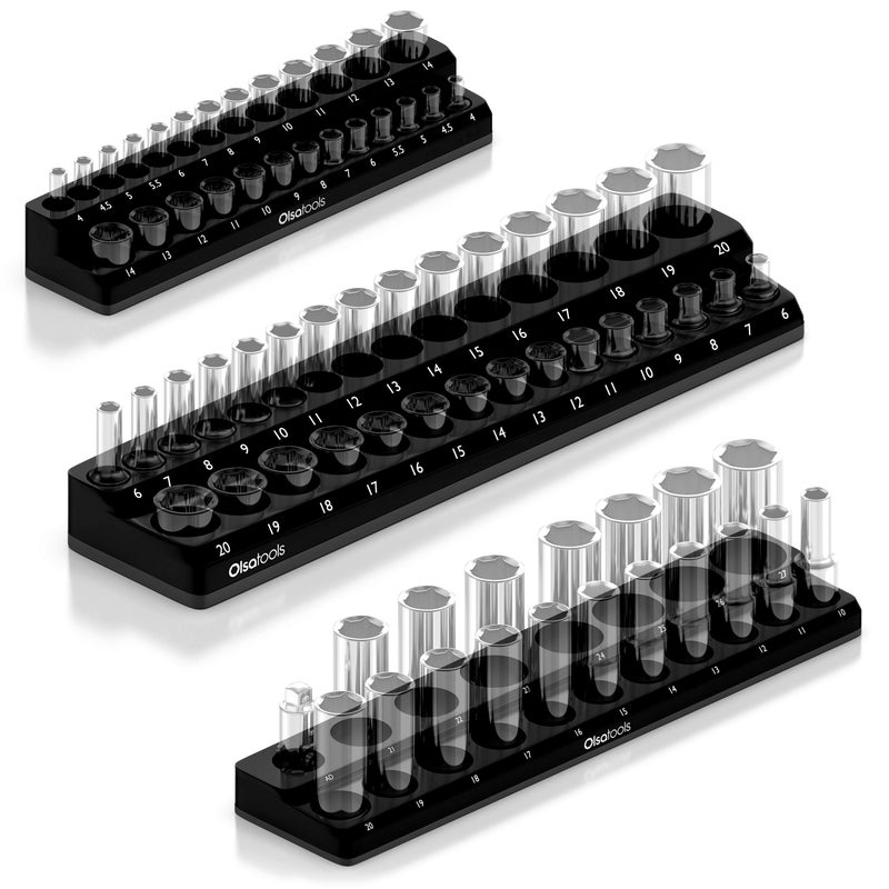 Olsa Tools Magnetic Socket Organizer | 3 Piece Socket Holder Kit | 1/2-Inch, 3/8-Inch, & 1/4-Inch Drive | Metric Black | Holds 75 Sockets | Professional-Grade - Image 1